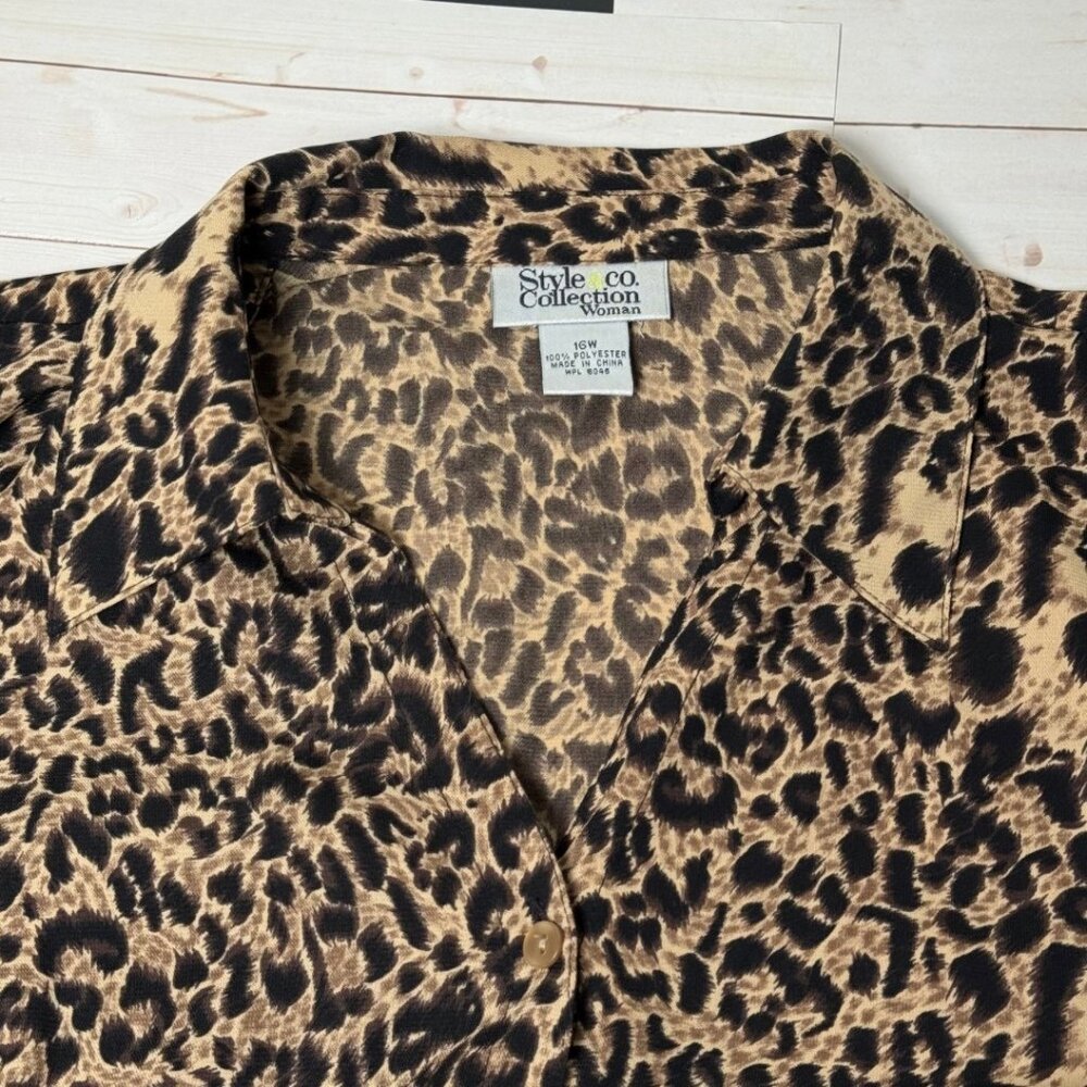 Leopard Print Collared Long Sleeve Button Up Shirt Plus Size 16W Mobwife Office - Picture 9 of 12